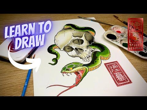 How to draw a skull and snake tattoo design (Traditional Japanese Tattoo)