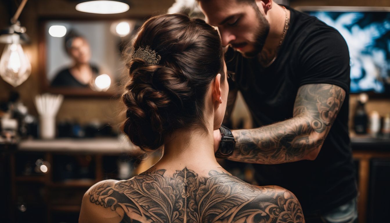 A tattoo artist creating intricate designs on a client's back in a studio setting.