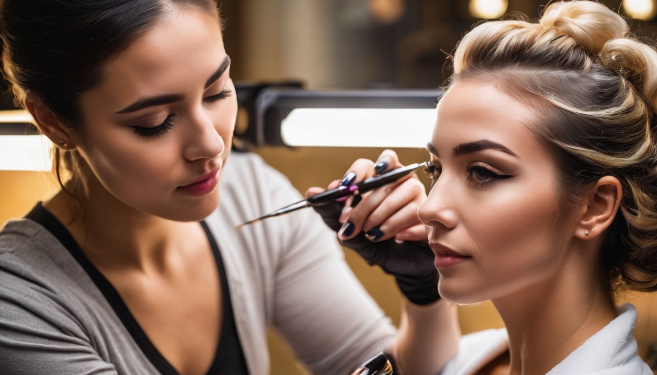 A woman getting tattooed eyebrows at a modern beauty salon.